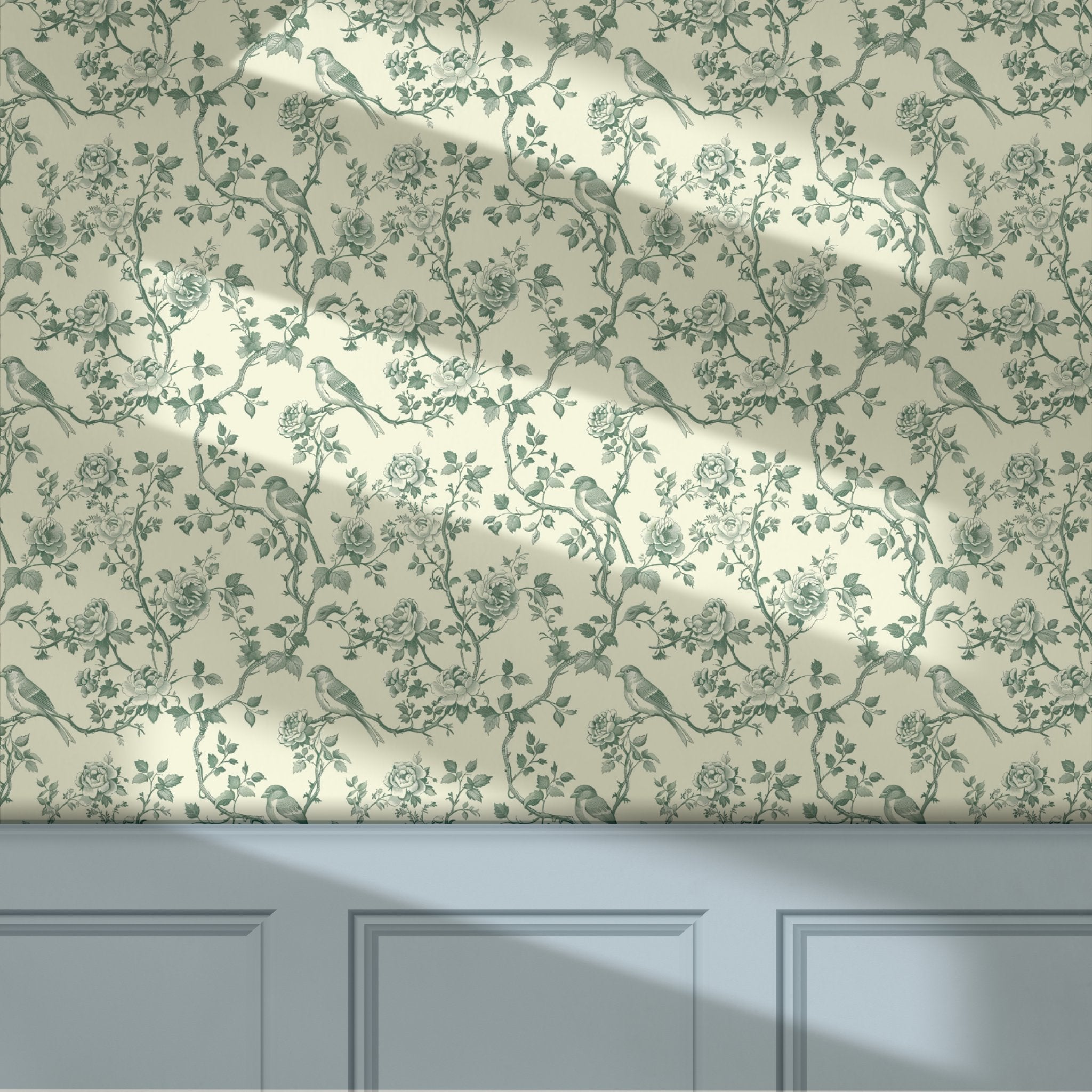 Papel tapiz aves y rosas vintage para sala o recámara