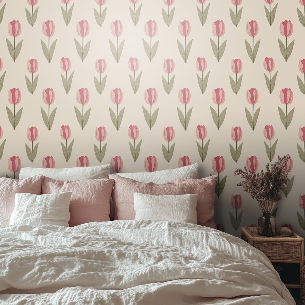 Papel tapiz Tulipanes Vintage en tonos rosa y verde para recámara