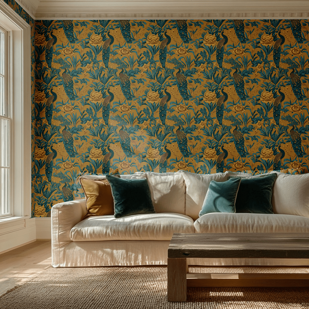 Papel Tapiz Exótico Pavos Reales y Flores Doradas Estilo Vintage