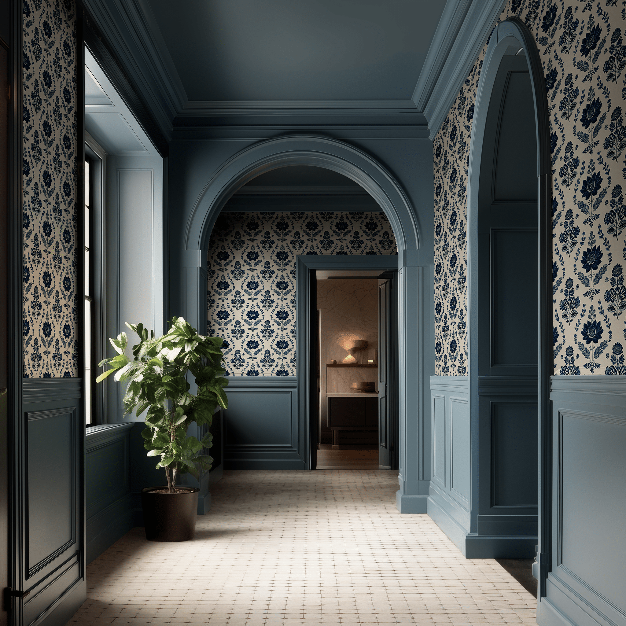 Papel tapiz Pembroke Floral azul clásico para paredes elegantes