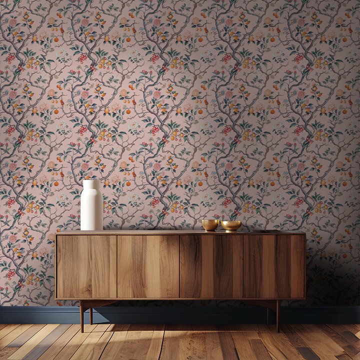 Papel Tapiz Floral Romántico con Ramos y Frutas en Tonos Pastel