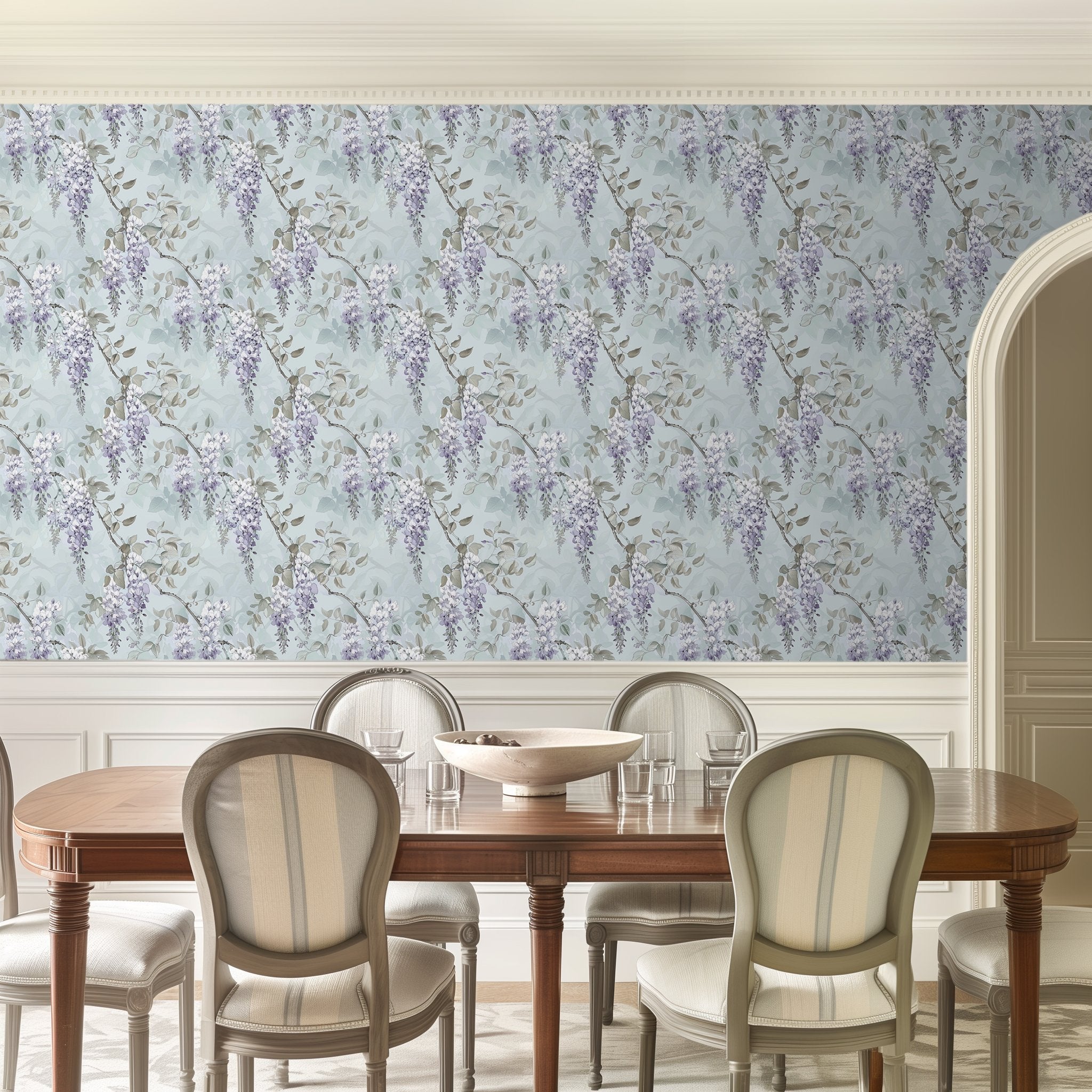 Papel tapiz floral glicinas lavanda elegancia clásica