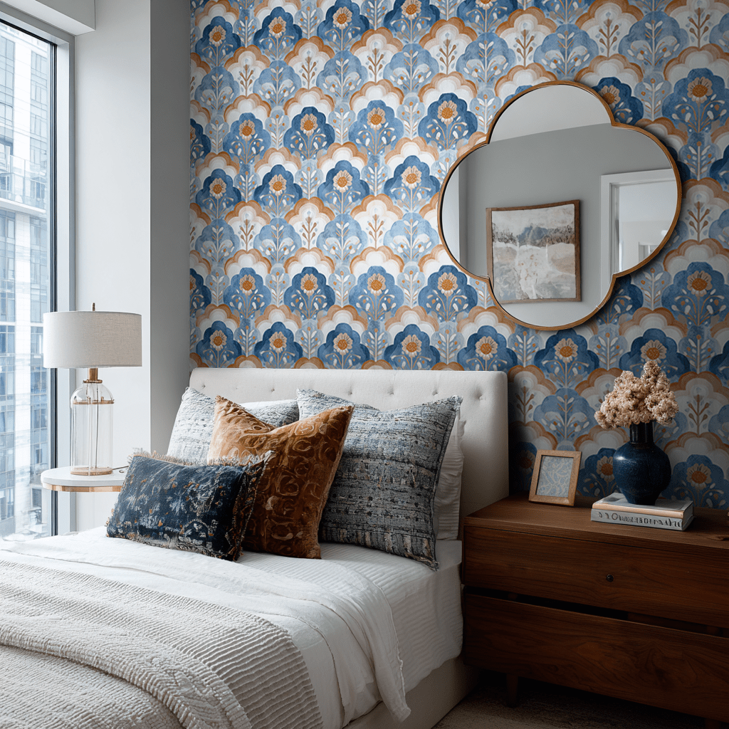 Papel tapiz floral azul y terracota estilo retro mexicano