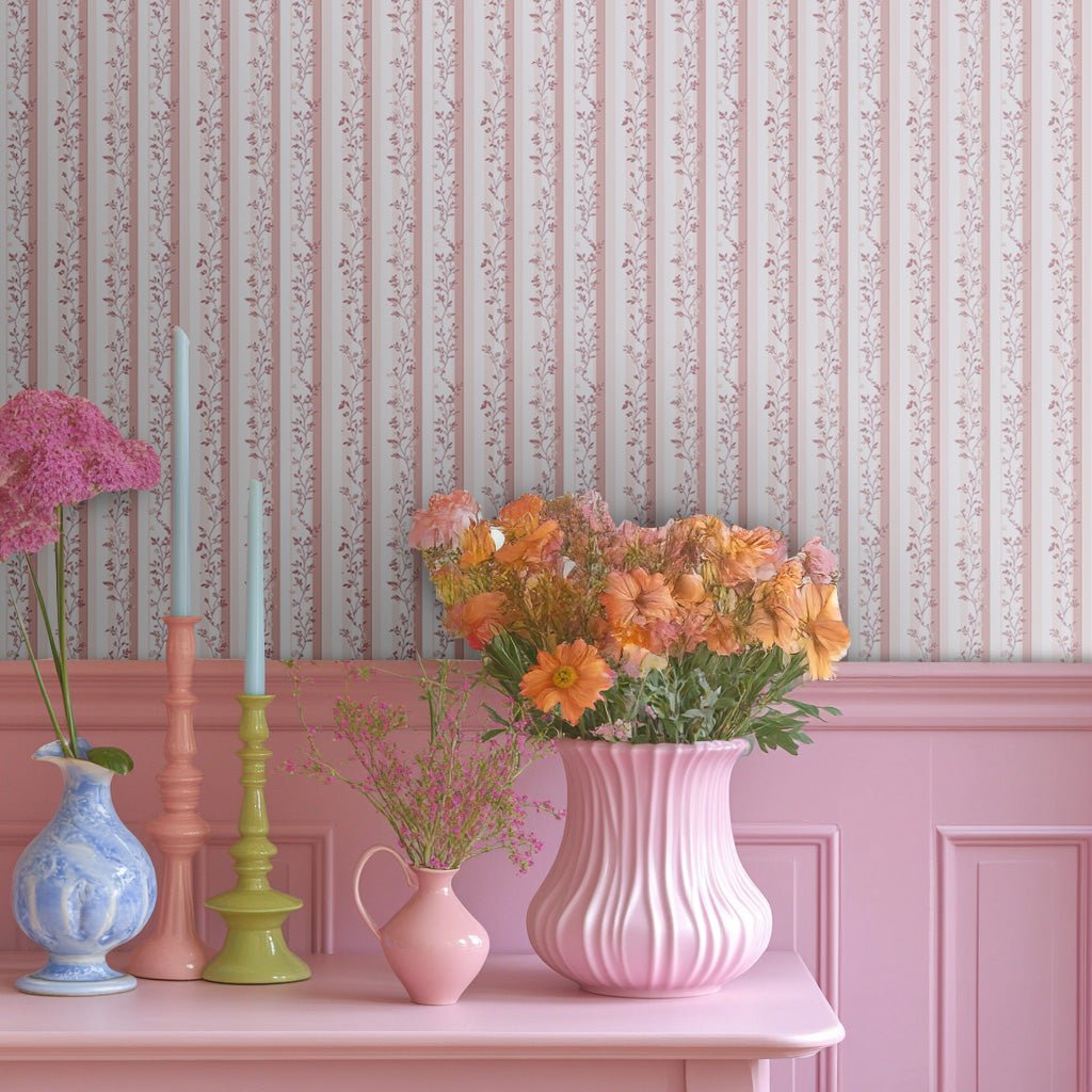 Papel tapiz vintage floral rayado romántico rosa pastel