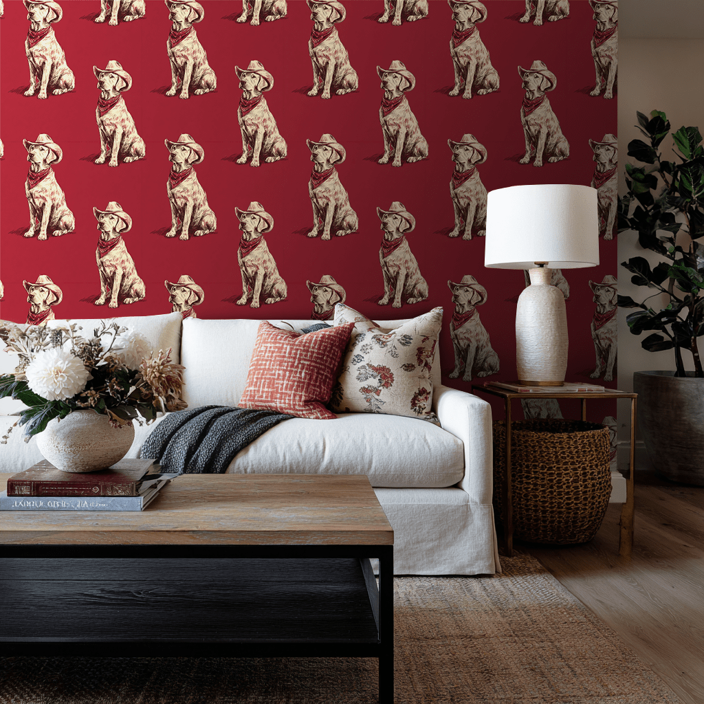 Papel tapiz perros vaqueros fondo rojo decorativo