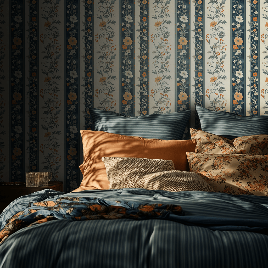 Papel Tapiz Floral Rayas Vintage Azul y Naranja