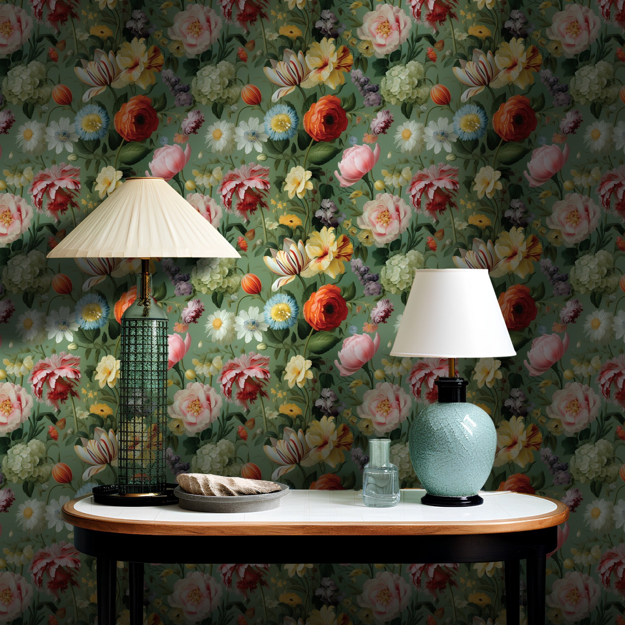 Papel Tapiz Floral Romántico con Fondo Verde y Flores Vintage