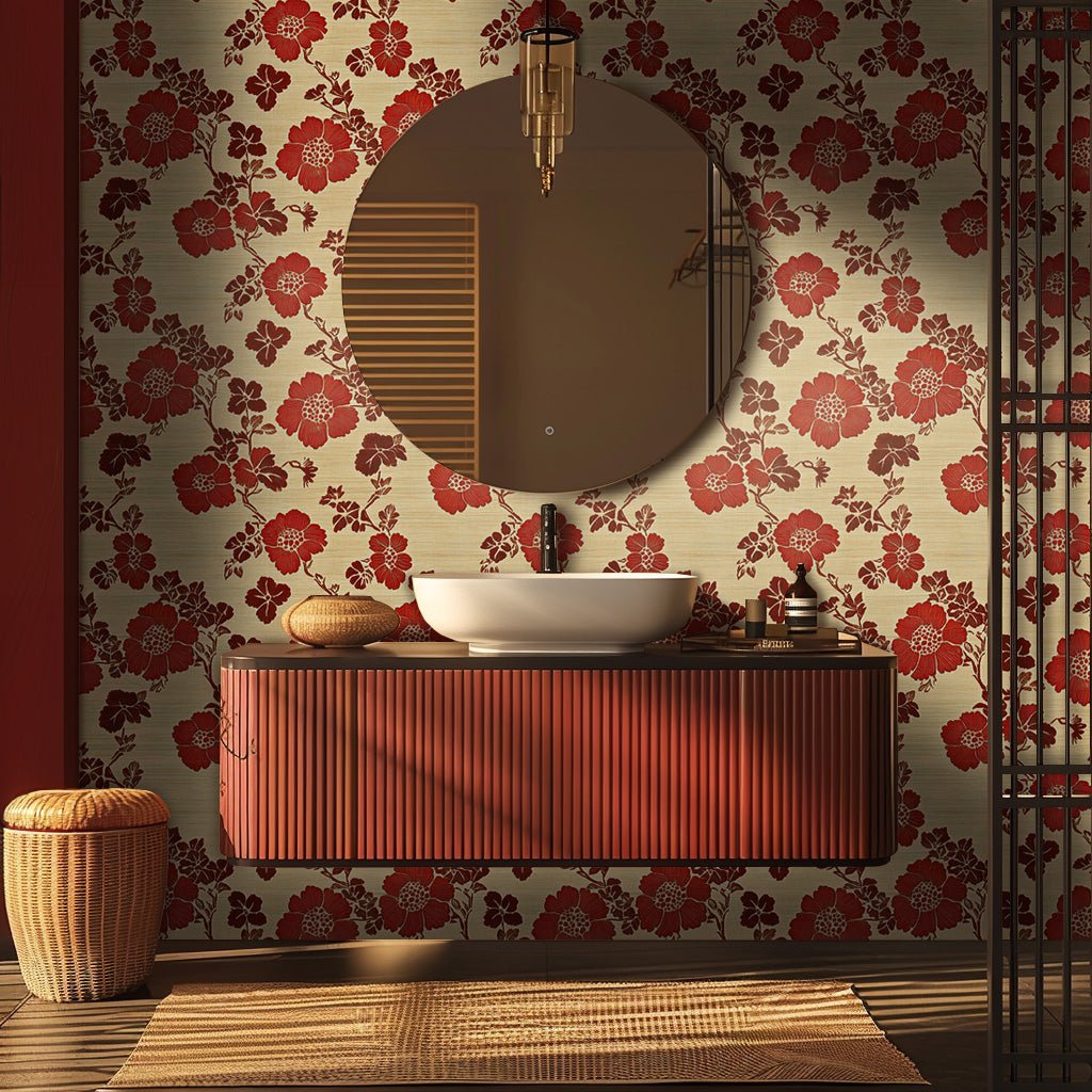 Papel tapiz floral rojo Rosamund para pared elegante