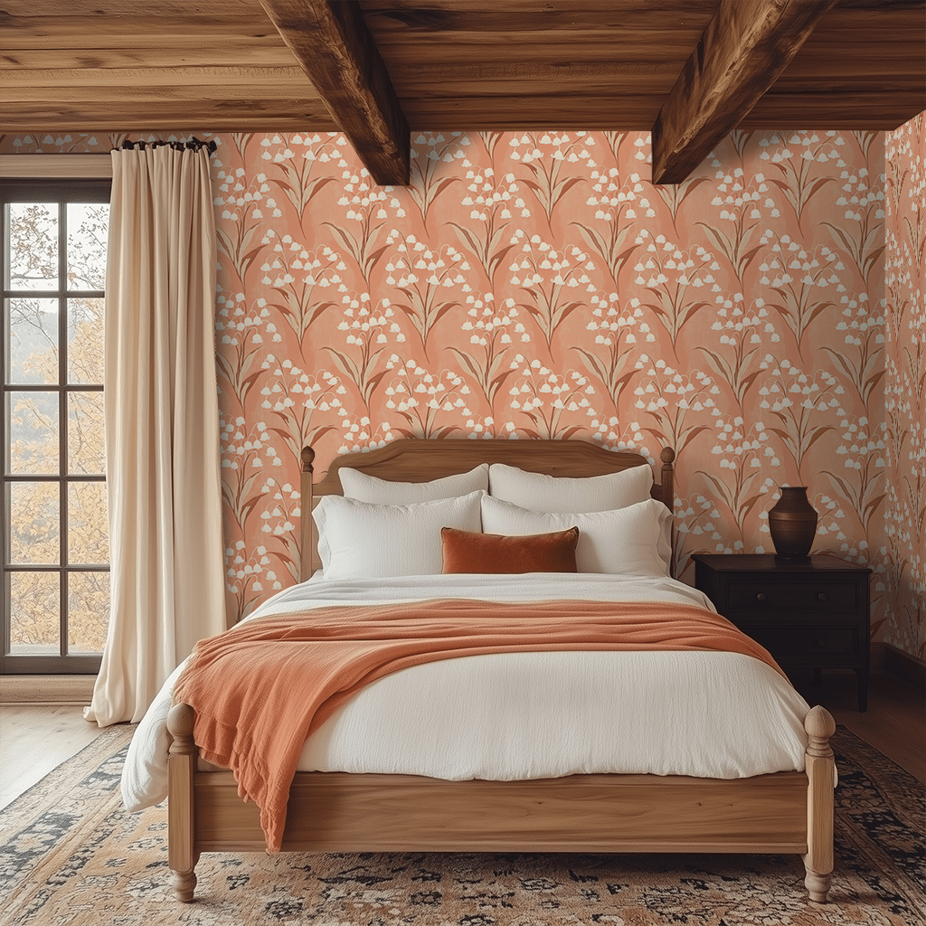 Papel tapiz floral vintage coral con lirios blancos