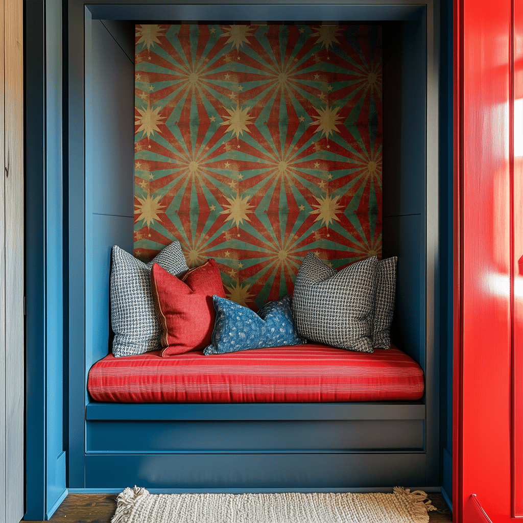 Papel tapiz diseño estelar retro tonos rojo y oro