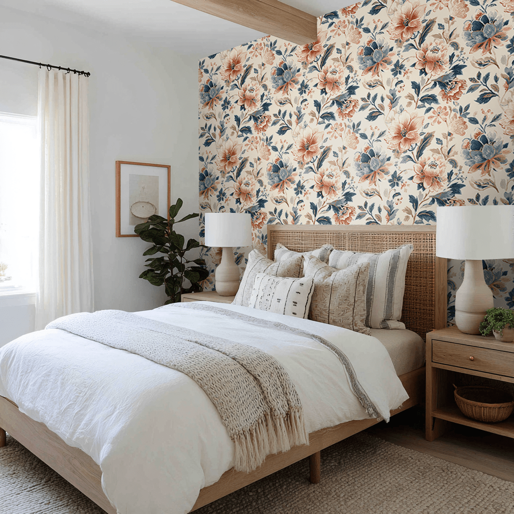 Papel tapiz floral vintage tonos terracota y azul