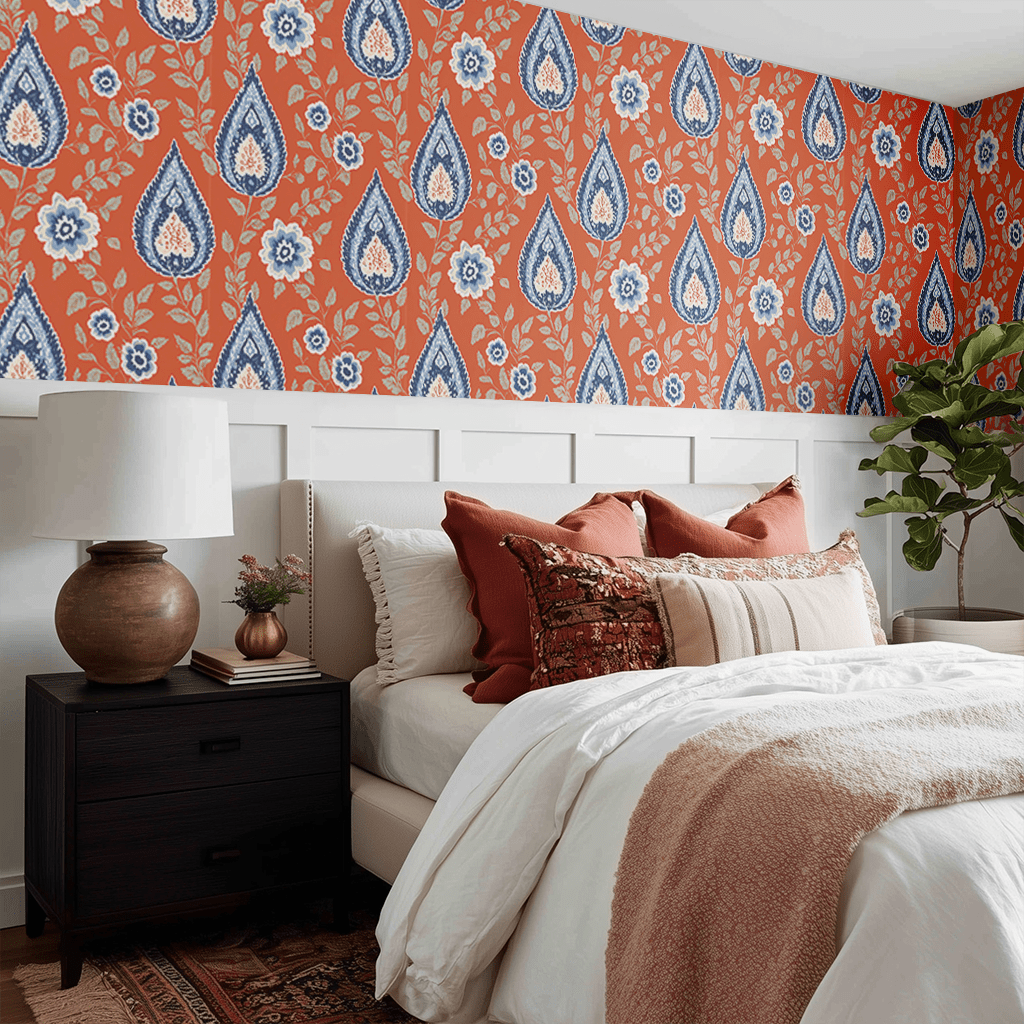 Papel tapiz floral bohemio naranja y azul para recámara