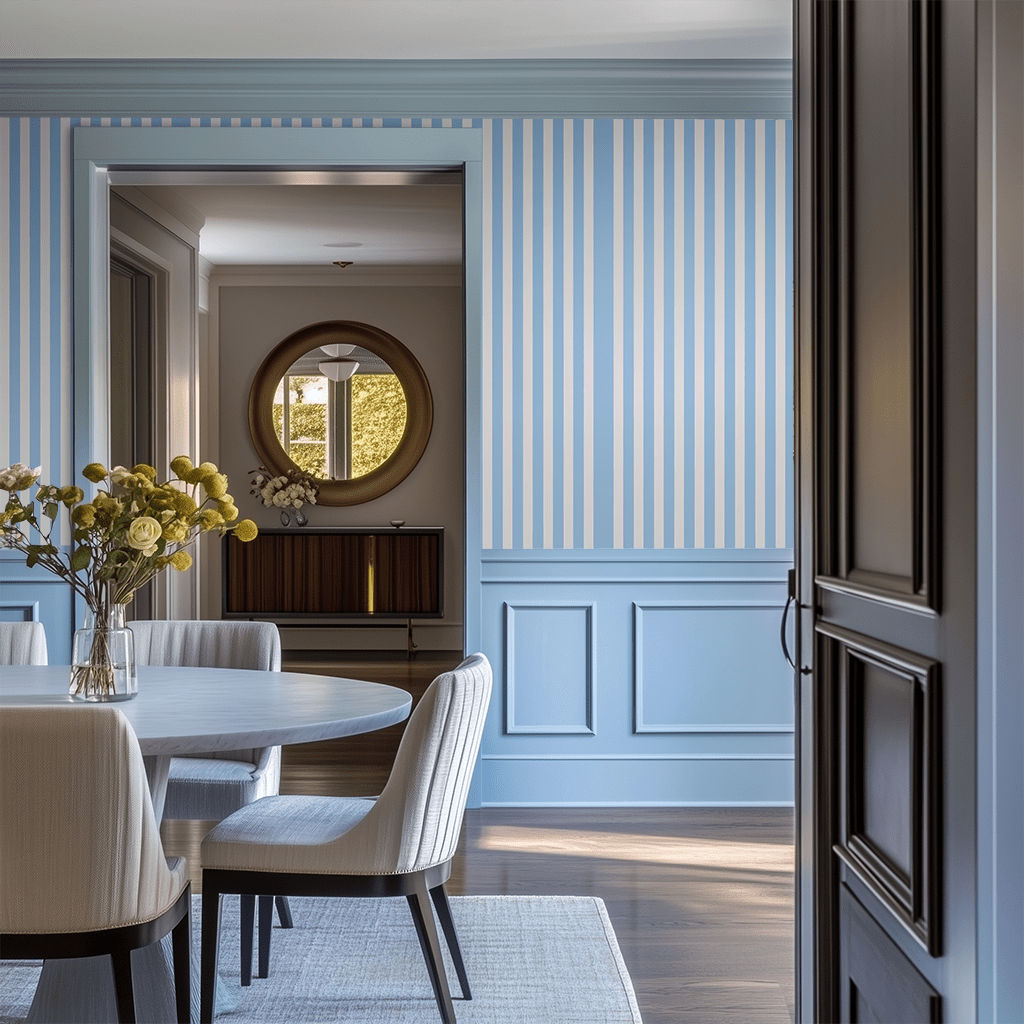 Papel tapiz rayas azul cielo y blanco clásico para interiores