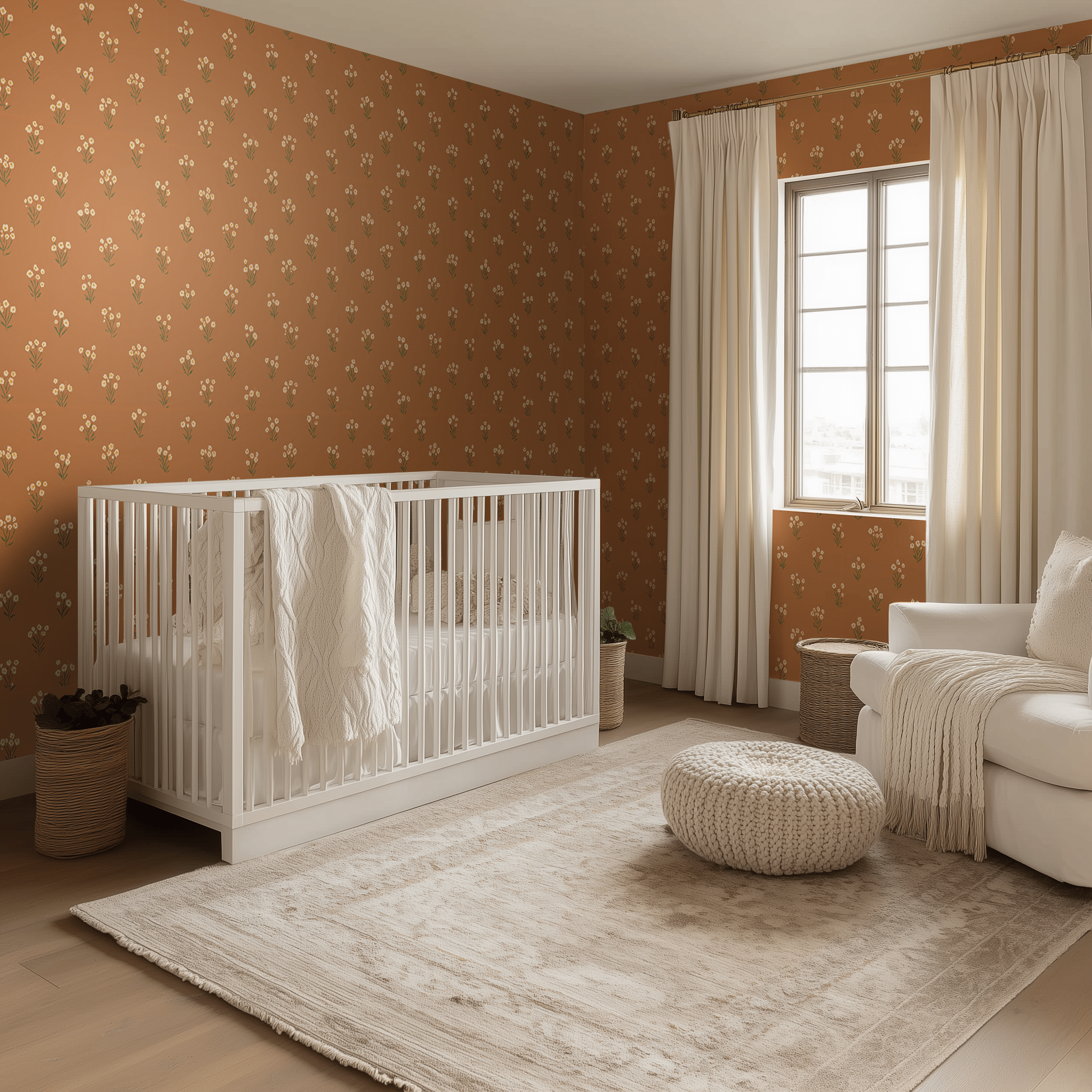 Papel tapiz terracota floral vintage para recámara infantil