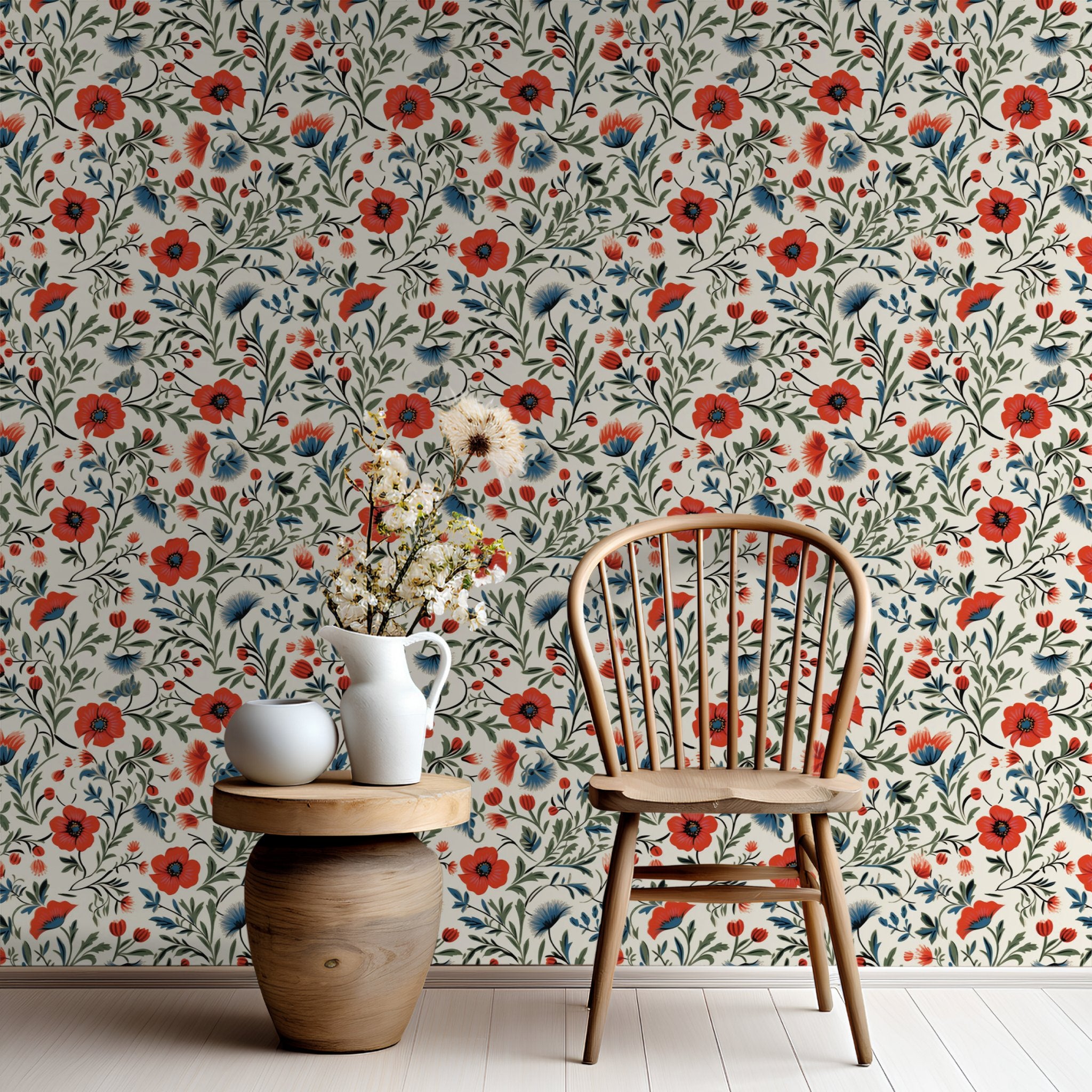 Papel tapiz floral vintage rojo y azul diseño Shiloh