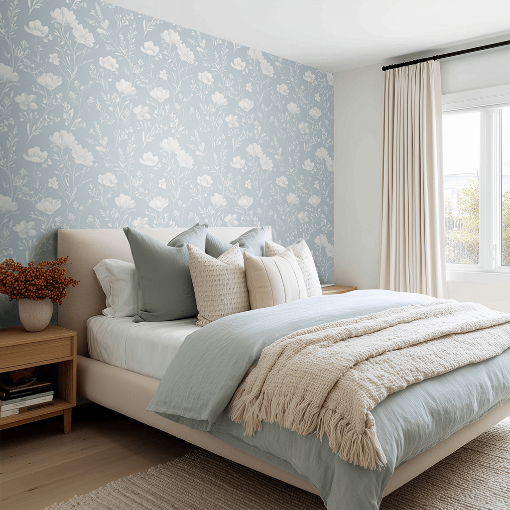 Papel Tapiz Azul Floral Romántico para Recámara y Sala