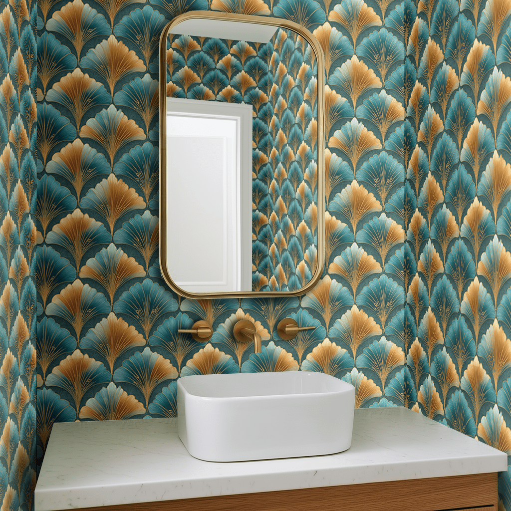 Papel tapiz abanicos art déco en tonos oro y azul para pared