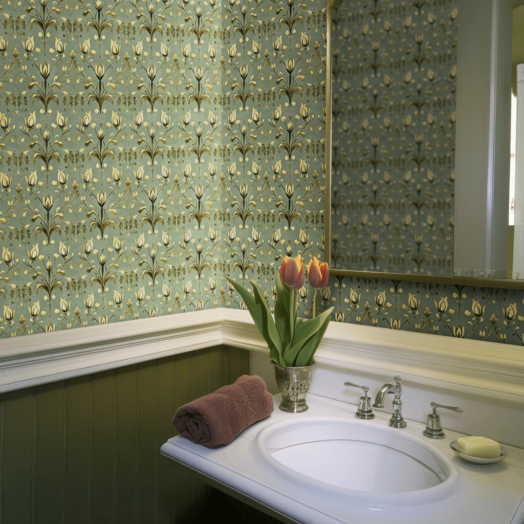 Papel tapiz Tulipanes Vintage Verde Oliva para Pared