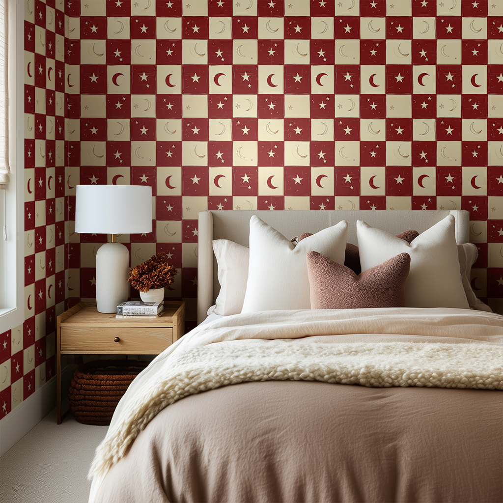 Papel tapiz Luna y Estrellas Rojo para Dormitorio y Sala