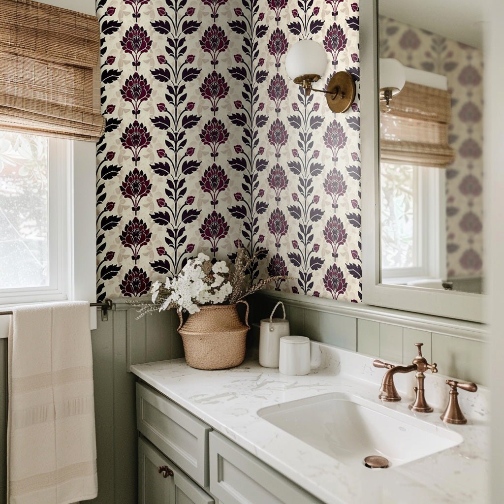 Papel Tapiz Damasco Floral Magenta y Negro para Pared