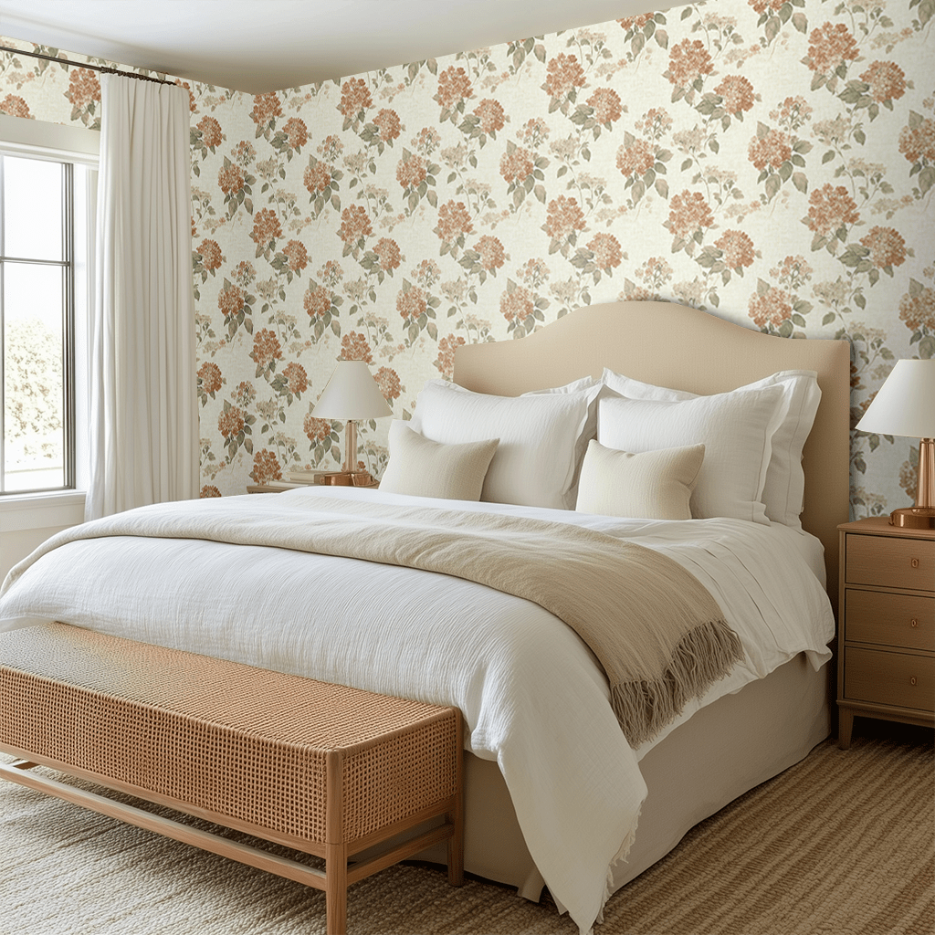 Papel tapiz floral romántico beige y terracota para recámara