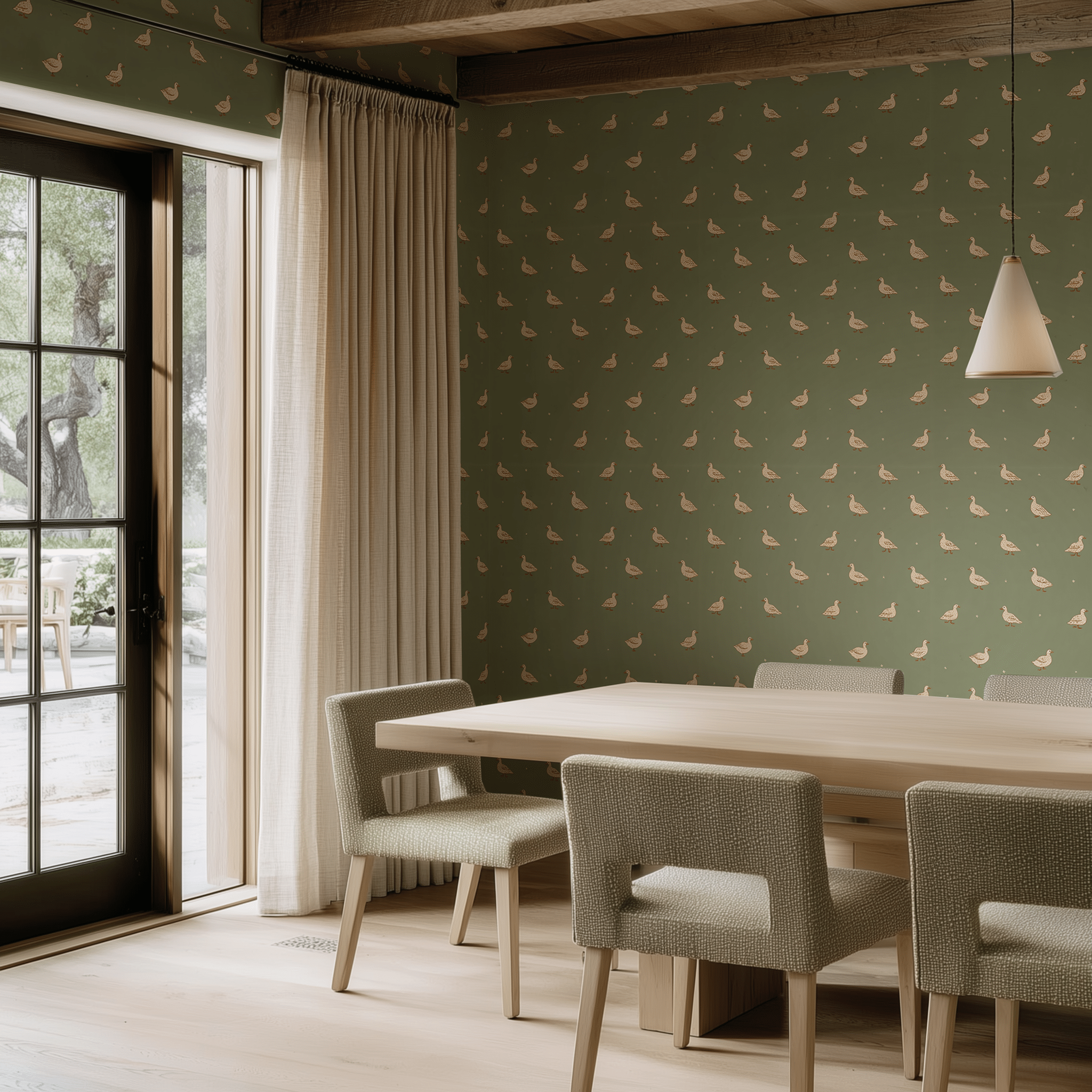 Papel tapiz Verde Olivo con Patrones de Gansos para Pared