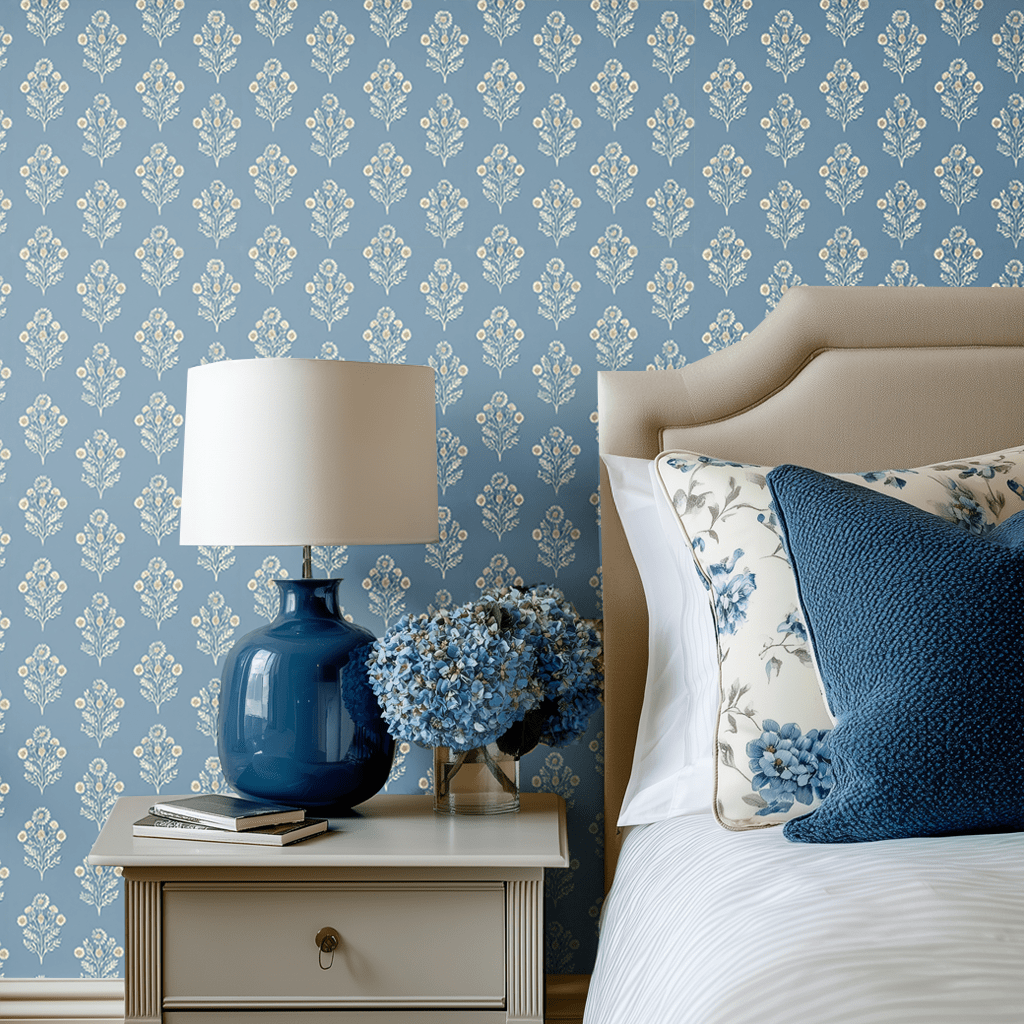 Papel tapiz azul con patrón botánico vintage de flores en ramillete