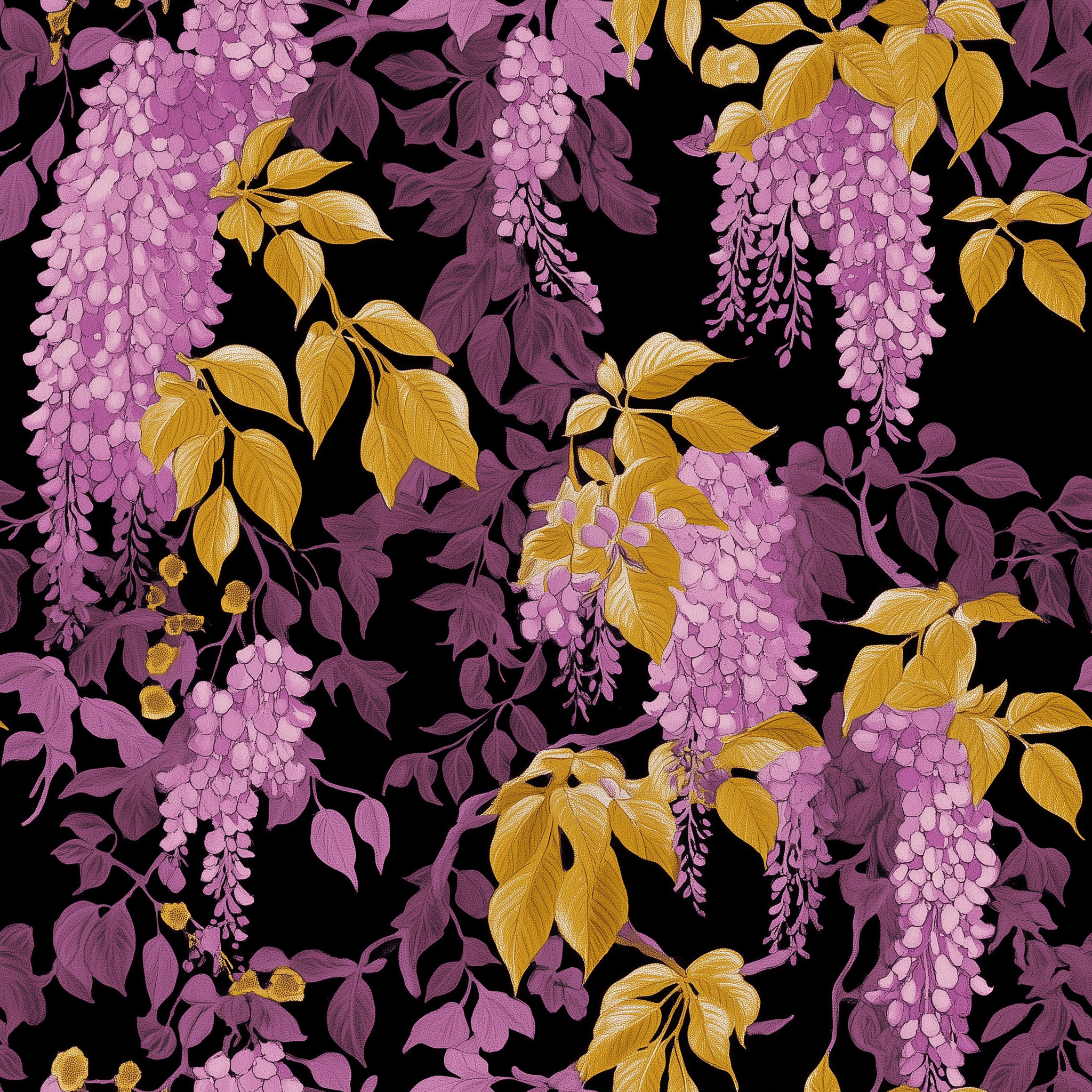 Papel tapiz flores colgantes wisteria fondo negro decorativo