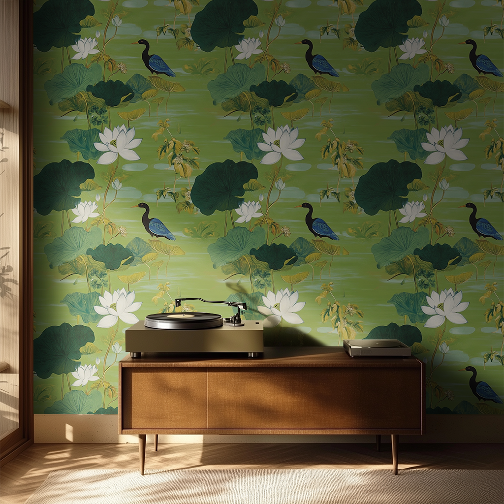 Papel Tapiz Loto Verde y Aves para Decoración de Pared