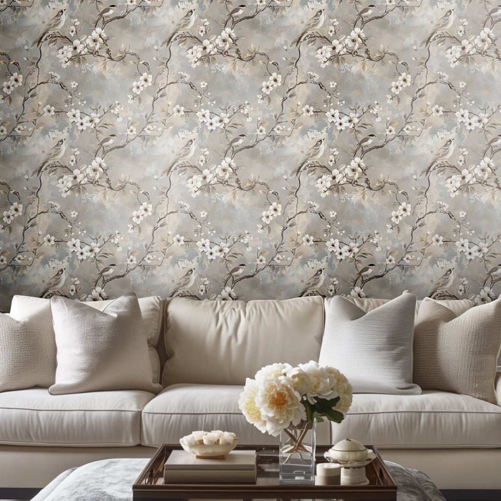 Mural Cedro Floral con Aves Beige en Repetición, decorativo
