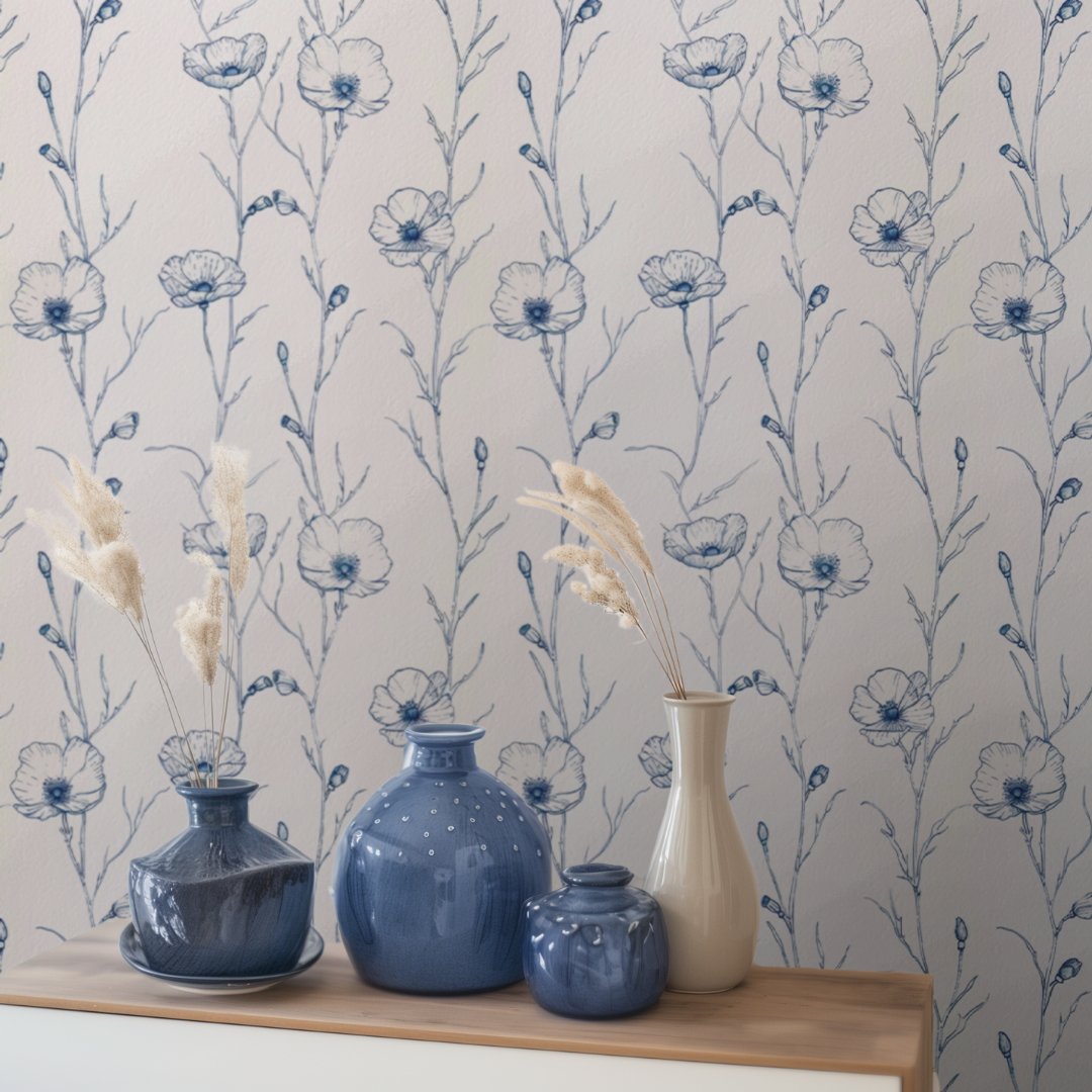 Mural Flores Azules Trigo Sereno, papel tapiz decorativo vinílico lavable