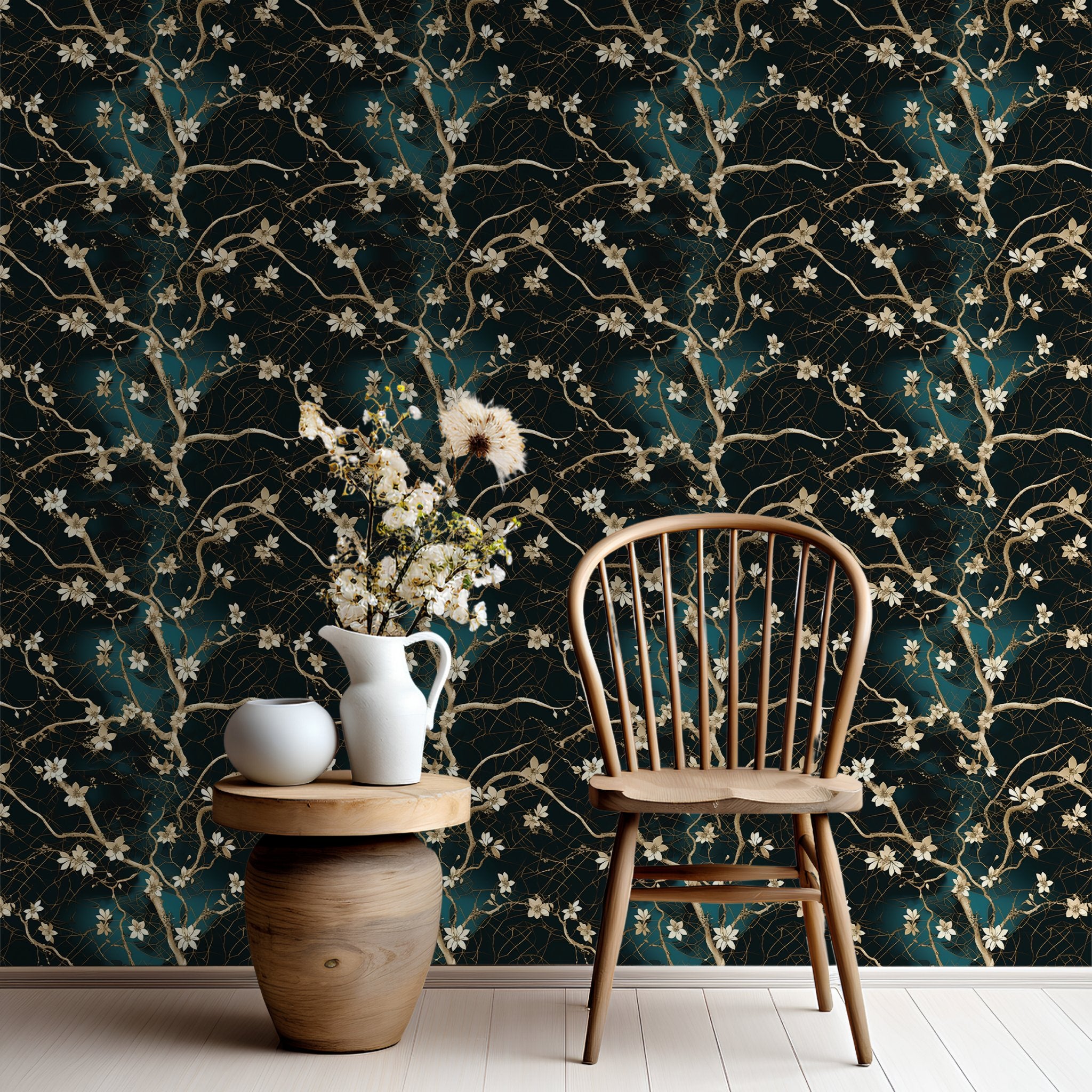 Modelo Mural Encanto Barroco Floral Oscuro, papel tapiz decorativo
