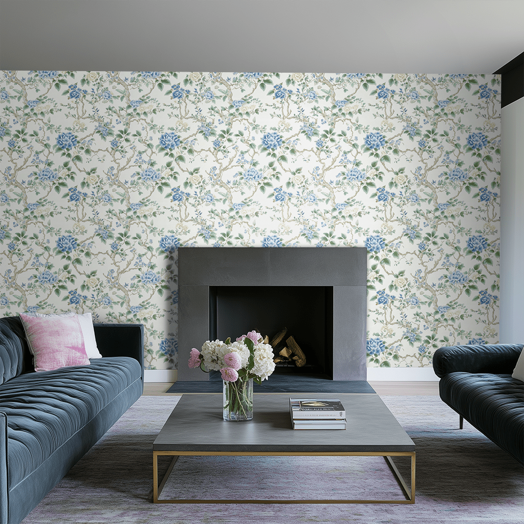 Mural Botánico Azul Nostalgia – Papel Tapiz Decorativo Premium