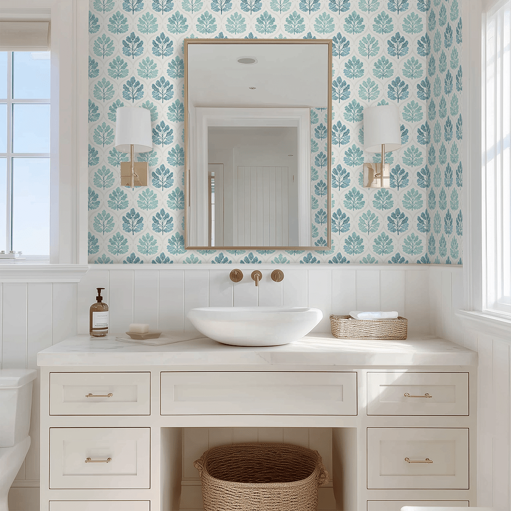 Mural modelo Oasis Azul Hojas, papel tapiz decorativo lavable