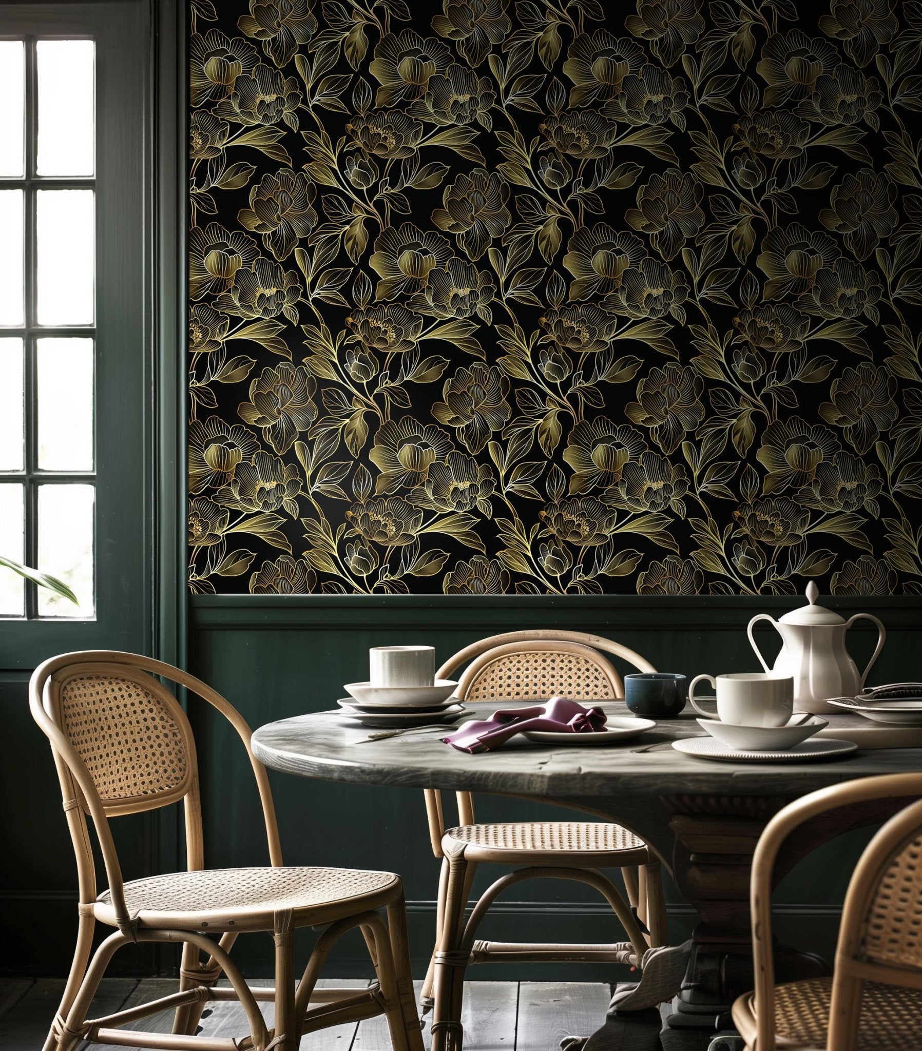 Mural Cecilia Noche Dorada, papel tapiz decorativo floral