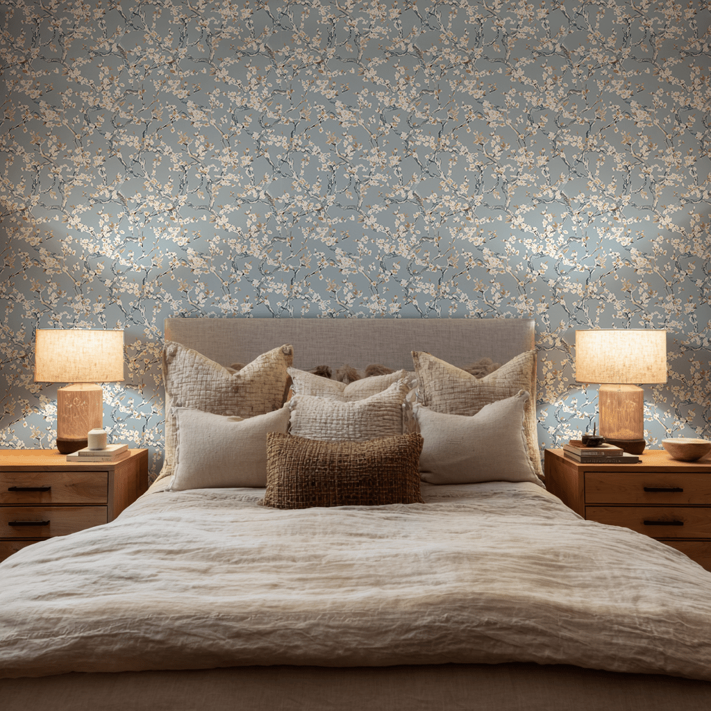 Mural Sakura Azul Tapiz Decorativo para Pared Dormitorio