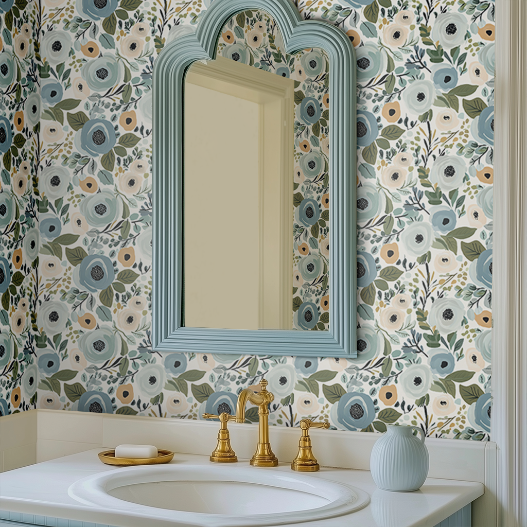 Mural modelo Primavera Azul para baño y salas, papel decorativo