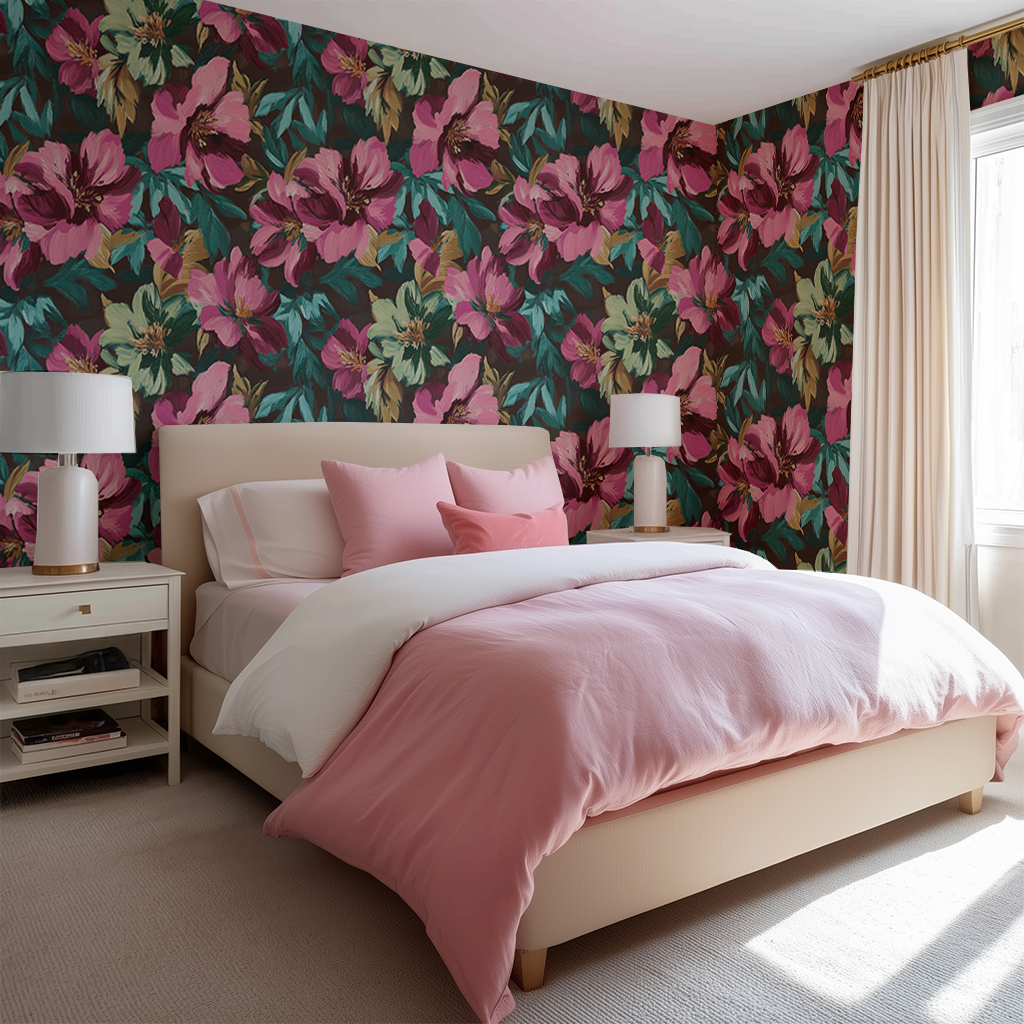 Mural Delphara Magnolia Fucsia, papel tapiz decorativo floral