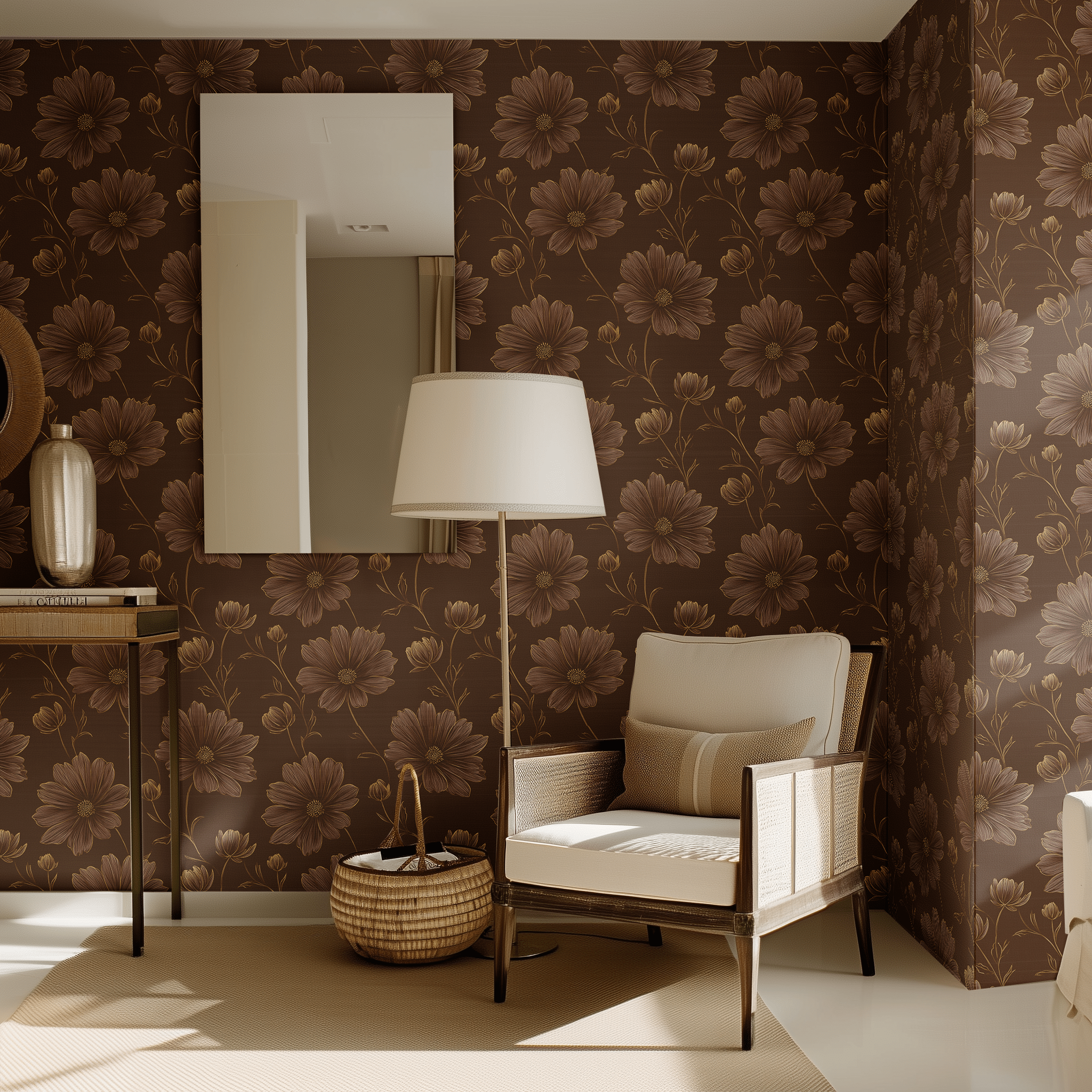 Modelo Mural Denver Flores Cálidas, papel tapiz decorativo para sala y recámara