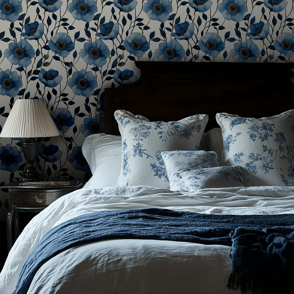 Mural Modelo Ellorie Azules Floral para Recámara, vinil decorativo