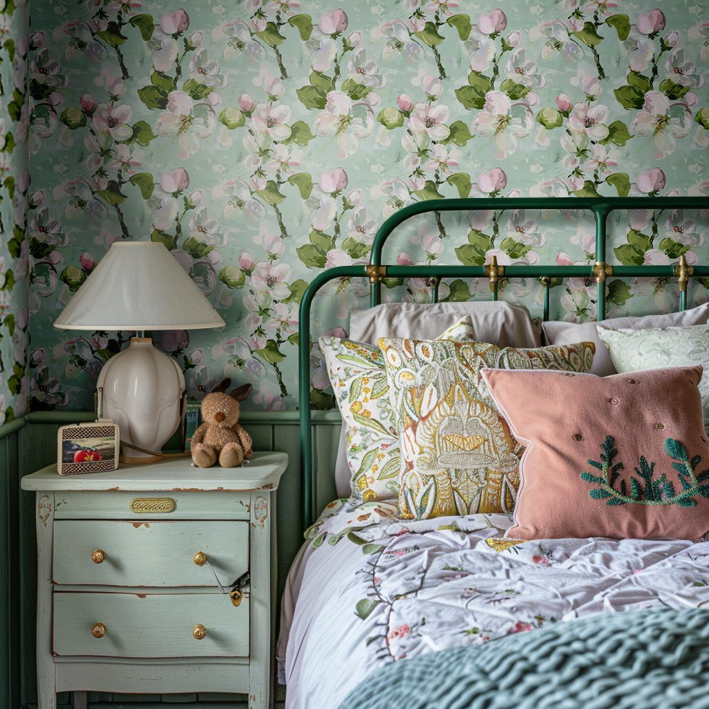 Modelo Elowen mural floral acuarela verde con magnolias