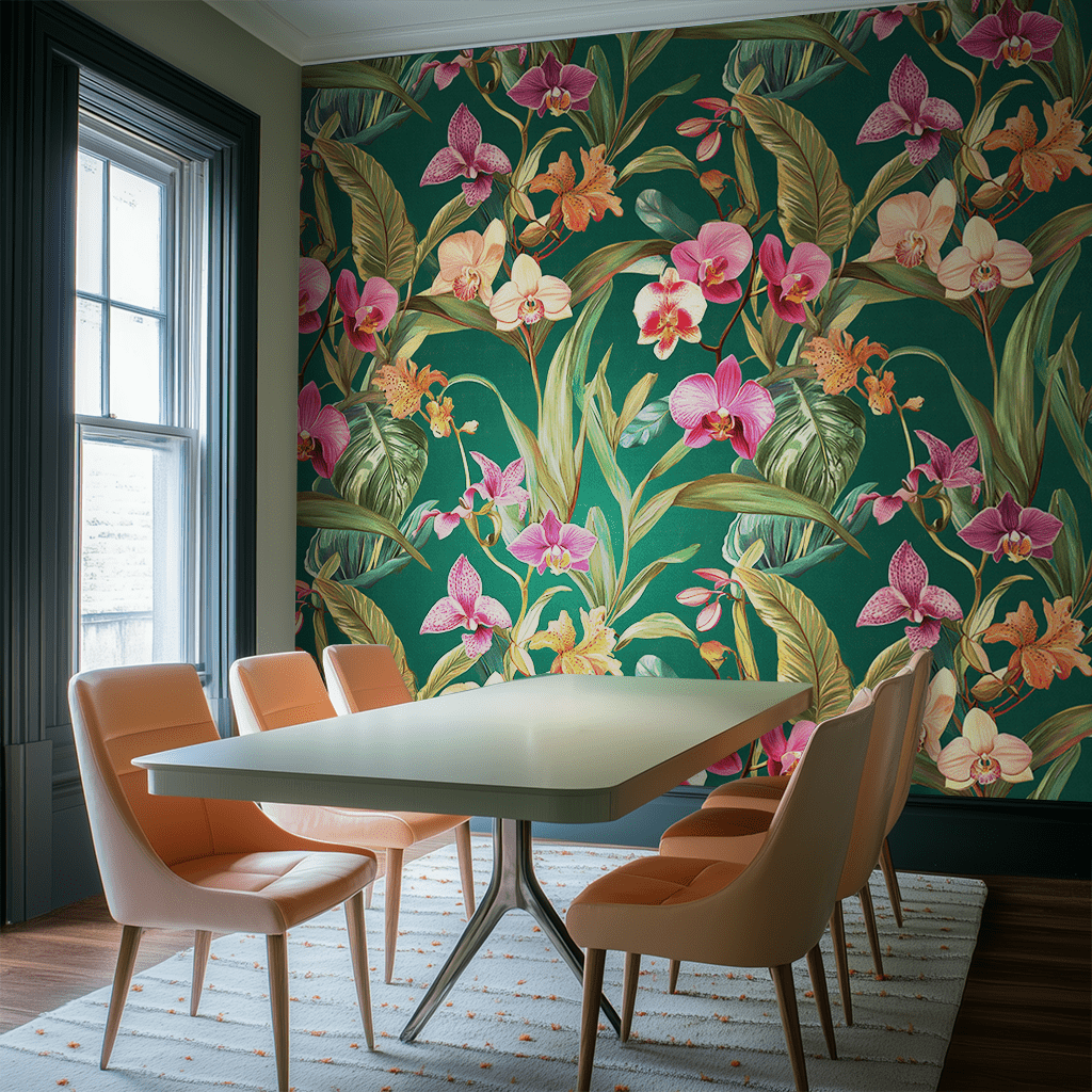 Modelo Mural Orquídeas Esmeralda, papel tapiz decorativo floral vibrante