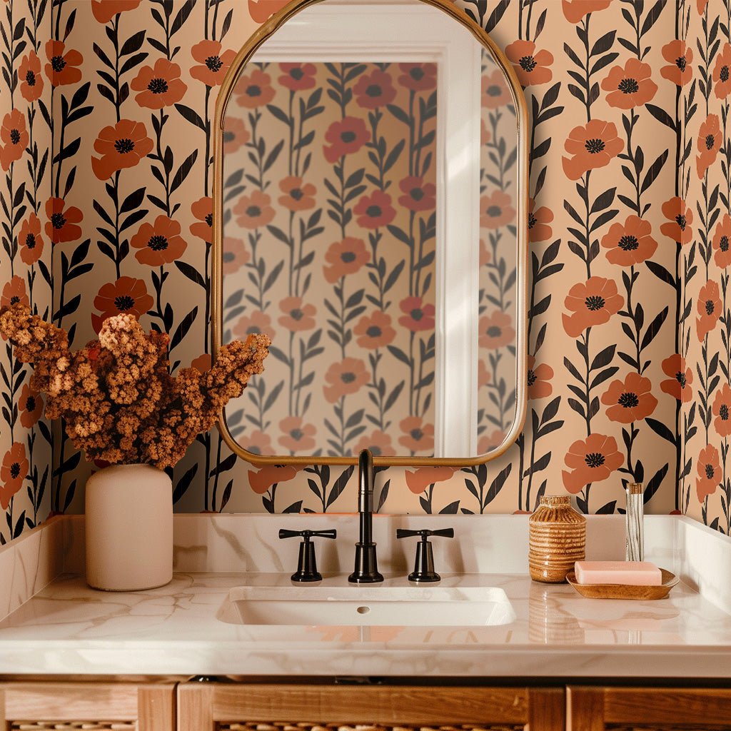 Mural Floral Amanecer Retro para baño y sala, papel tapiz decorativo vinílico