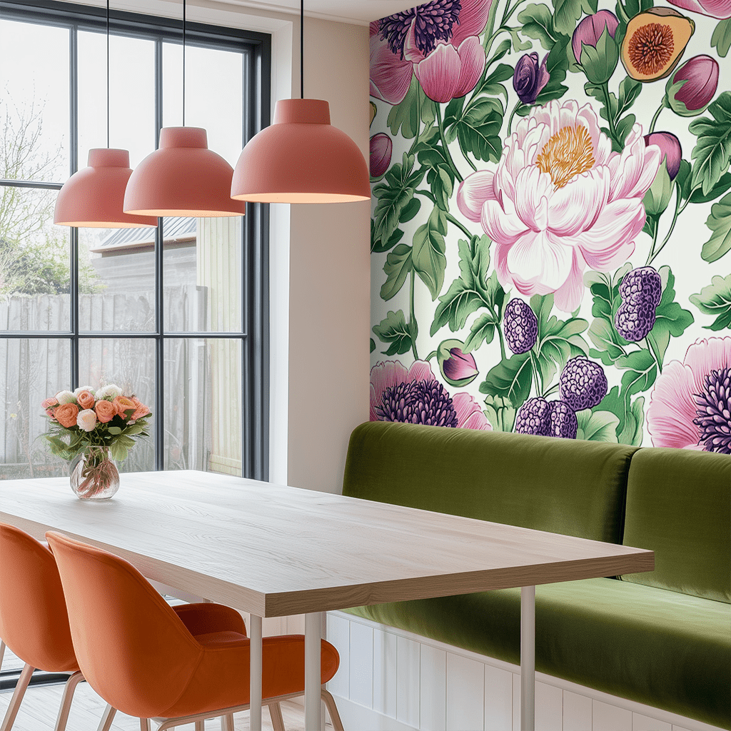 Mural Figelise Jardín de Peonías y Frambuesas, papel tapiz decorativo