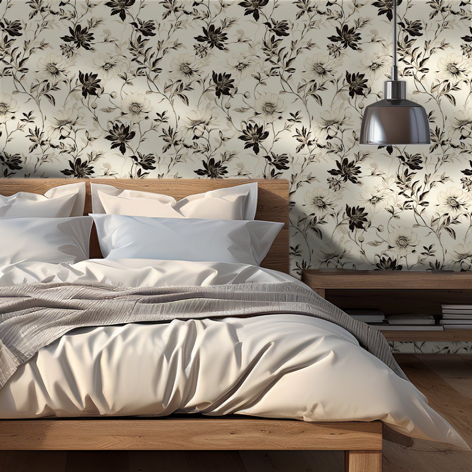 Mural Fiona Floral Beige Negro para Decoración de Pared