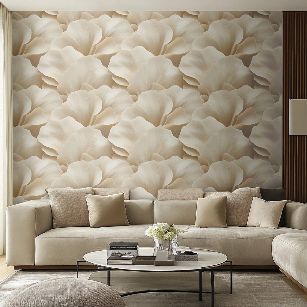 Modelo Mural Floral Embrace beige grandes pétalos para sala