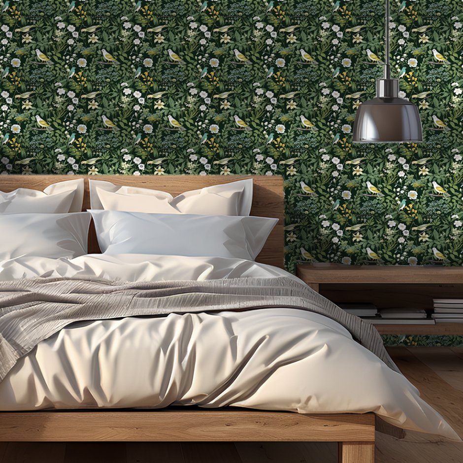 Mural Jardín Silvestre con Aves – Papel Tapiz Decorativo Repetido