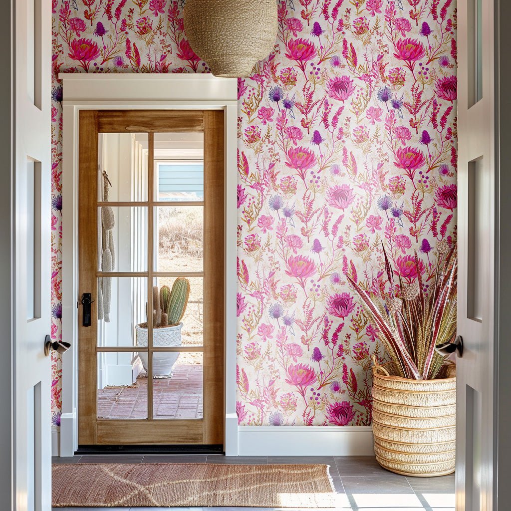 Mural Primavera Encantada, papel tapiz decorativo floral rosa