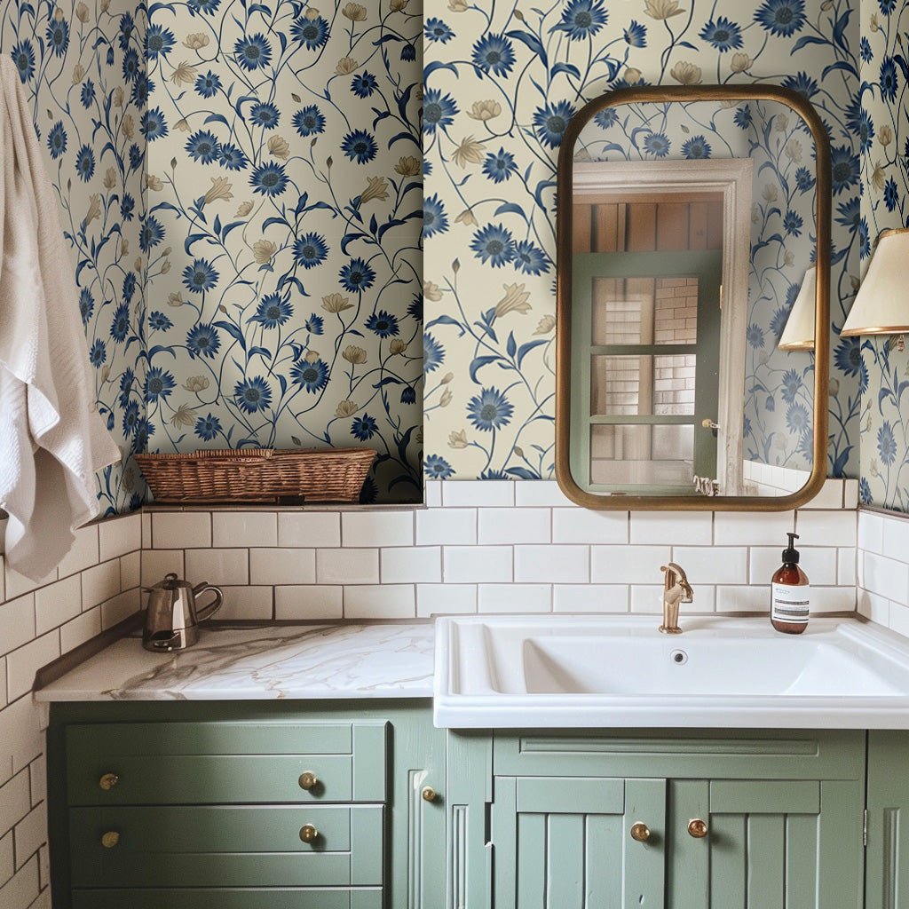 Mural Floral Azul Serenidad para Baño y Sala, Papel Tapiz Decorativo