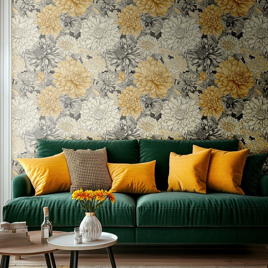 Mural Modelo Tapiz Flores Doradas Crisántemo Elegante, papel tapiz decorativo premium